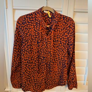Anine Bing 100% Silk Navy and Orange Blouse with Tie Neck Band Collar